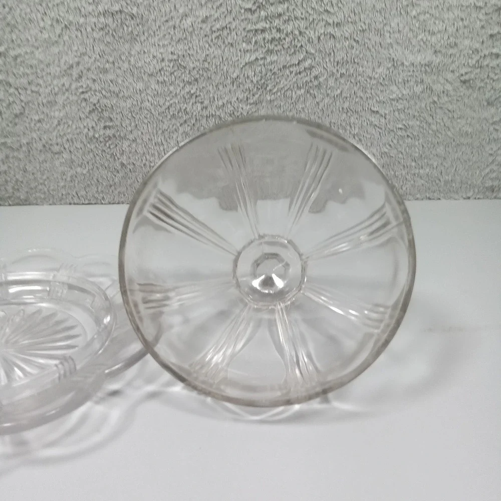 Vintage Clear‎ Pressed Glass Round Butter Dish Scalloped Starburst Dome Lid 7.5